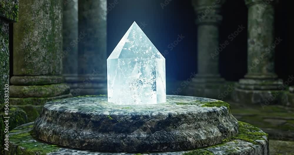 Glowing crystal on mossy stone pedestal in ancient ruins