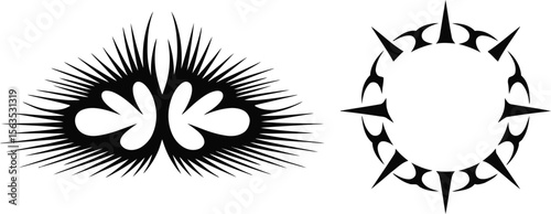 Two large, intricate tribal silhouette vector designs, one abstract spiky shape and one circular spiky frame for decoration.