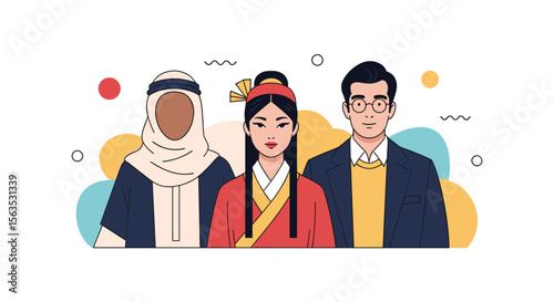 Illustrating diverse people from different cultures standing together representing global unity and understanding