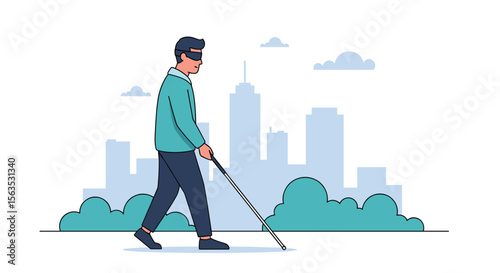 Person using white cane to navigate city streets with urban skyline in background