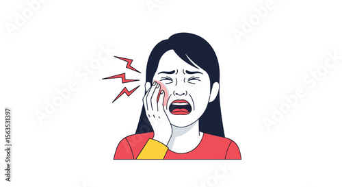 Woman holding cheek showing severe facial pain and discomfort with sharp toothache symptoms and red jagged lines indicating pain radiating