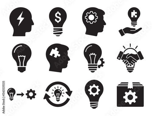 Creative process and innovation glyph icon set showing idea generation brainstorming problem solving and strategic thinking for business and design project