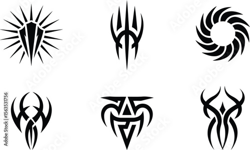 A diverse set of six modern tribal tattoo silhouette vector symbols, mixing sharp triangular shapes with circular swirl designs.