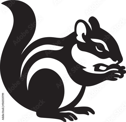 Chipmunk silhouette eating pose vector, Small animal black and white snack sketch