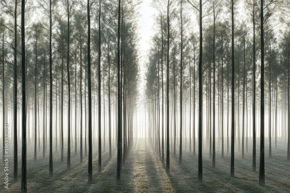 Fototapeta premium Misty Forest with Tall Trees and Ethereal Light Rays at Dawn