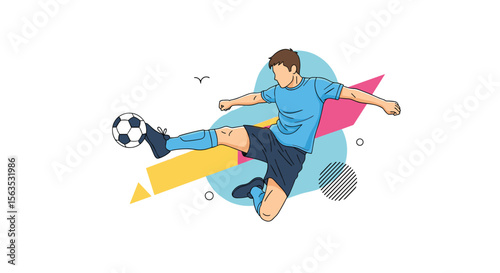 Dynamic soccer player kicking ball art with abstract shapes and colorful elements capturing athletic movement