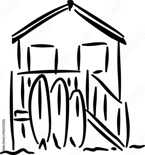 Beach hut with surfboards sketch for coastal scene decor resort branding summer label