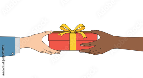 Two people exchanging a beautifully wrapped red gift box tied with a yellow ribbon and bow