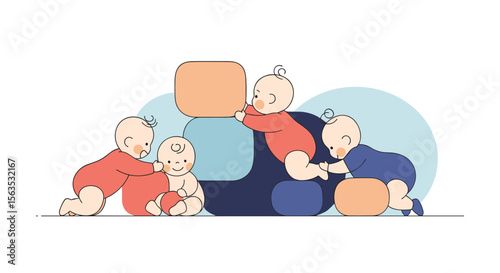 Five adorable babies play together building colorful blocks in a fun environment