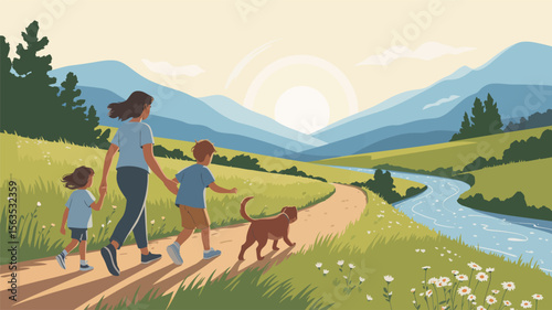 Family with children and dog walking along river path at sunset in scenic landscape with wildflowers and mountains, symbolizing nature bonding