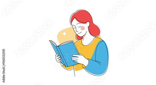 A young woman enjoys reading a book with a smile and sparkling background