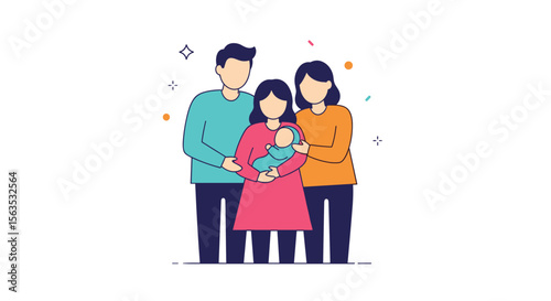 Illustrated family with a new baby celebrating new beginnings and happy moments together