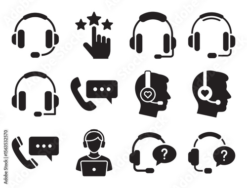 Customer service and support glyph icon set for call center and feedback showing headset phone operator speech bubble and other communication symbols