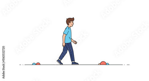 Animated character walking through stones and rocks on a flat white background