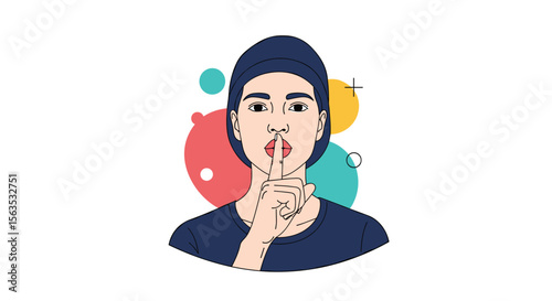 A person making a quiet gesture with a finger on their lips showing secrecy and privacy in a colorful abstract background