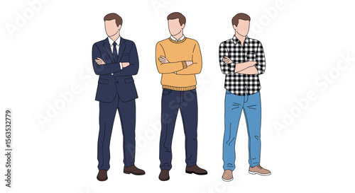 Three men posed in different attire standing with arms crossed
