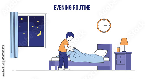 A young child prepares for sleep following their evening routine activities