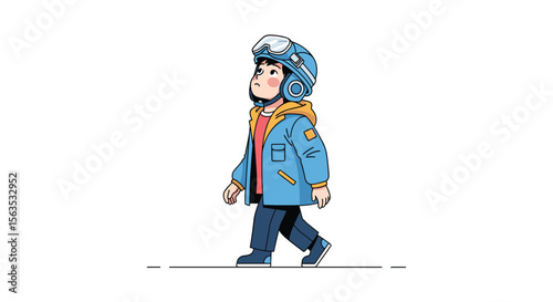 A young boy wearing futuristic goggles and a bomber jacket explores the world with wonder