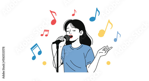 Young woman singing into microphone surrounded by musical notes entertainment performance vocalist artist