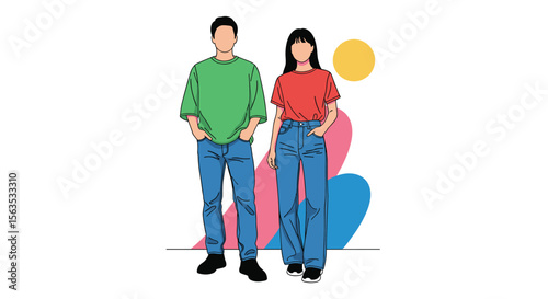 Casual outfit inspiration for men and women featuring denim jeans and bright t-shirts with abstract background elements
