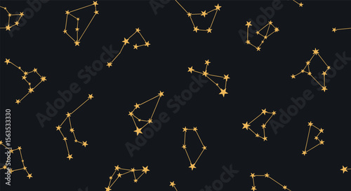 Golden star constellations pattern on dark night sky celestial background for astronomy lovers