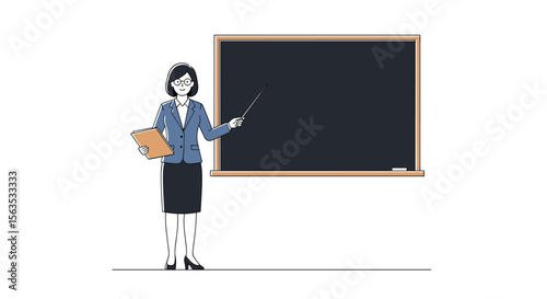 Expert female teacher demonstrates subject matter using pointer on empty black chalkboard in a classroom setting