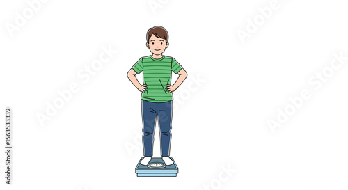 A young boy with brown hair stands on a bathroom scale with a confident expression on his face and his hands on his hips