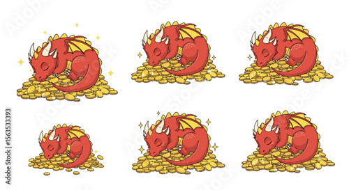 Adorable sleeping dragon guarding a large pile of golden coins with sparkle effects