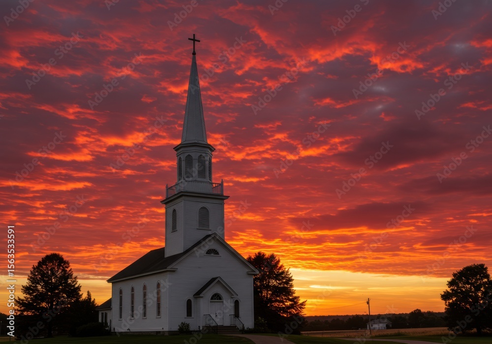 Fototapeta premium A white church stands silhouetted against a fiery sunset sky