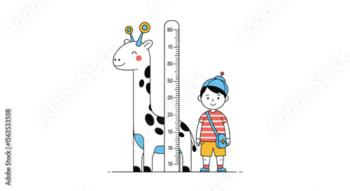 Cute cartoon boy and giraffe growth chart measuring height alongside ruler for kids development
