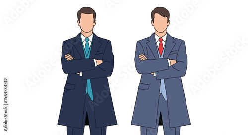 Two professional men in stylish outerwear standing confidently with arms crossed