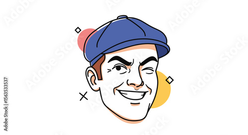 A cartoon man with a blue cap winking and smiling with colorful circles and lines decoration