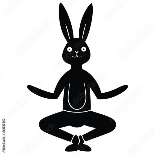 Cute black silhouette rabbit meditating in lotus position with eyes open