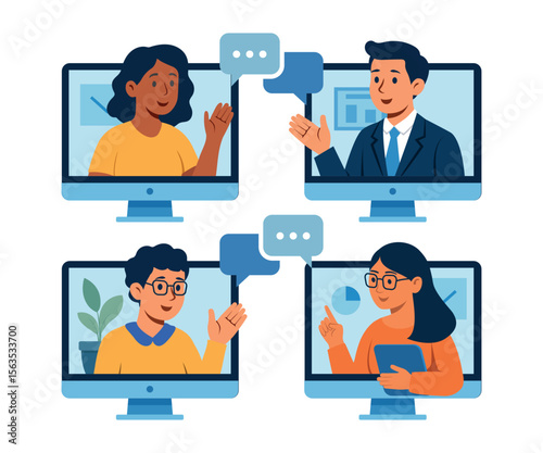 People communicated through video call screens, which represented remote business meetings