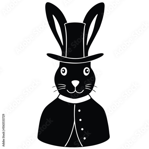 Stylized black silhouette of a rabbit wearing a top hat and coat