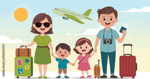 Family of four preparing for vacation with luggage, passports, and travel accessories, standing together under sunny sky with airplane above