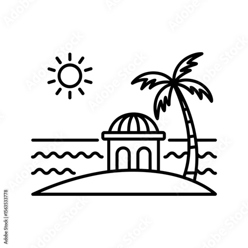 Vector art of a tranquil island scene with a palm tree, gazebo, and sun, vector illustration