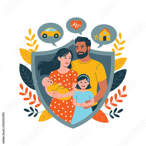 illustration of family inside shield surrounded by leaves with icons of house, car, and heart, symbolizing protection, health, and security