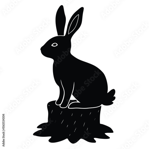 Black silhouette of a rabbit sitting on a tree stump with white outline details
