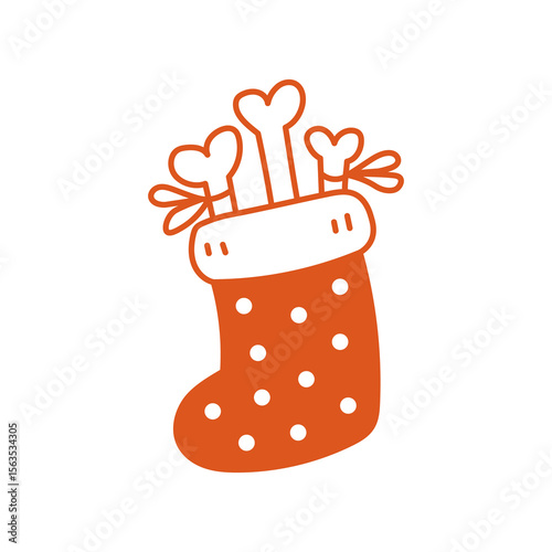 Christmas Stocking Filled with Bones. Holiday decoration for dogs gift present, pets lovers, greeting card and festive design element. Vector illustration