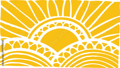 Illustration of a stylized sun rising over hills with radiating light in yellow and white design element