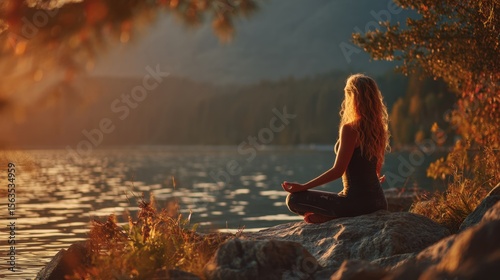 Woman meditating by a serene lake during a scenic sunset