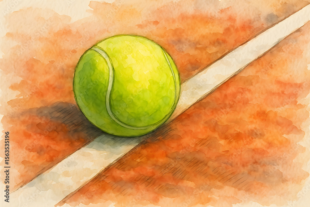 Fototapeta premium A vibrant yellow-green tennis ball resting on a clay court line, depicted in a soft watercolor style