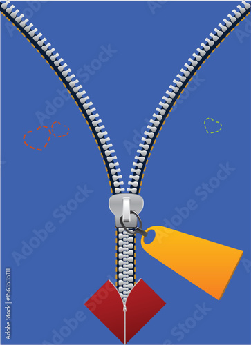zipper A Blue Fabric Unzipped to Reveal a Red Heart with a Yellow Tag