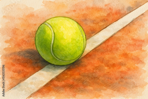 A vibrant yellow-green tennis ball resting on a clay court line, depicted in a soft watercolor style