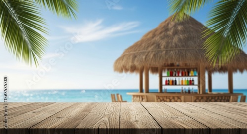 Tropical Beach Bar Scene with Wooden Table and Ocean View