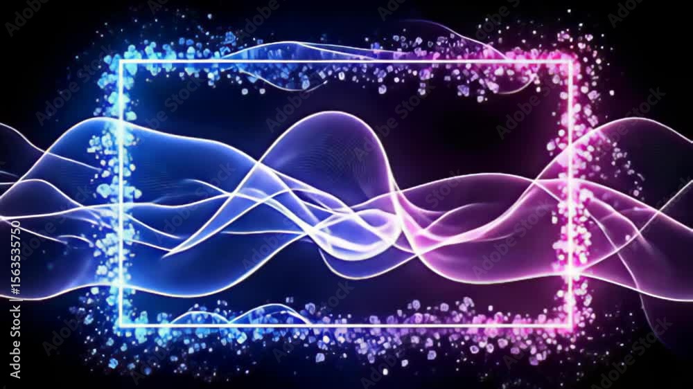 Amidst a cascade of luminous particles, the Digital glitch Border Frame pulsing in wave patterns serves as a canvas for ethereal waves of color to envelop it, their graceful movements
