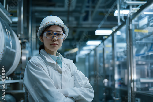 最新設備の中で働く女性技術者の自信ある表情（白衣とヘルメット）