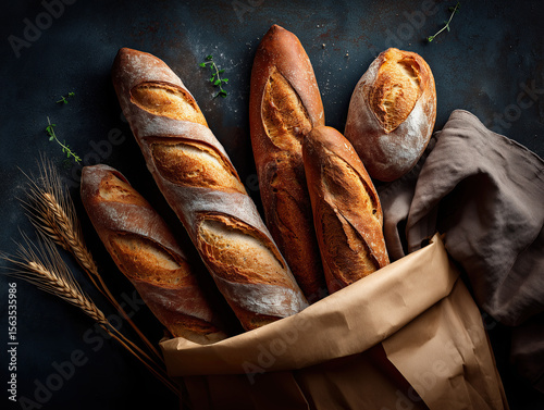 Freshly Baked Baguettes in a Paper Bag Against a Dark Background, view is from the top