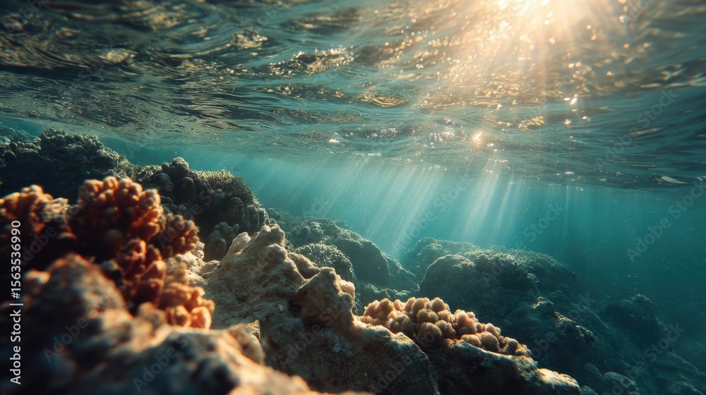 Fototapeta premium Underwater view of coral reef illuminated by sunlight through the ocean surface